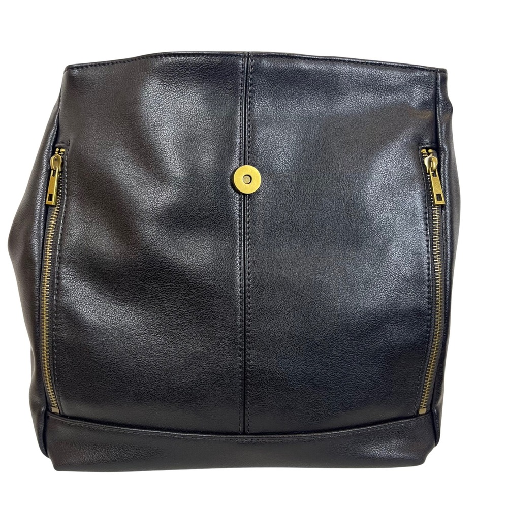 NWOT: Frye and Co Black Faux Leather Backpack Gold Hardware Snap Closure Bag - Picture 9 of 11
